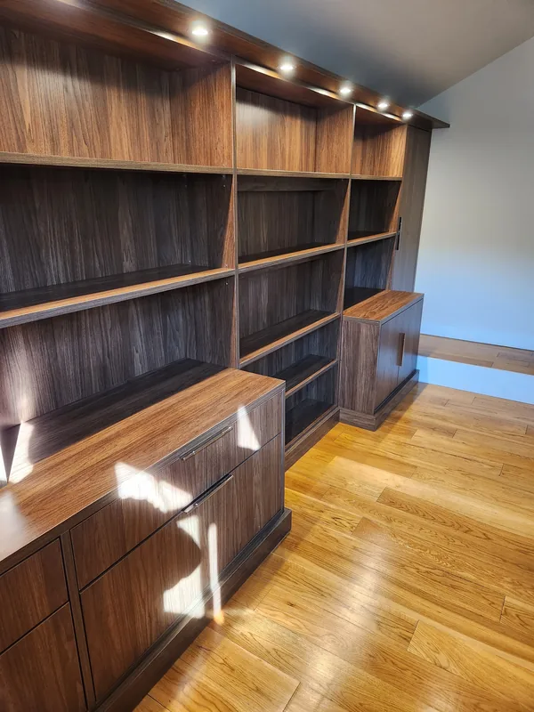 Wood-grain library wall with open shelving, lower cupboards and integrated overhead lighting