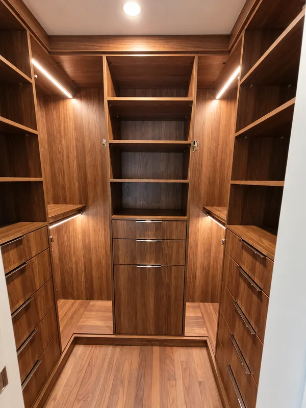 Compact wood-grain walk-in closet with drawer stacks on three walls, open shelves, chrome handles and integrated lighting
