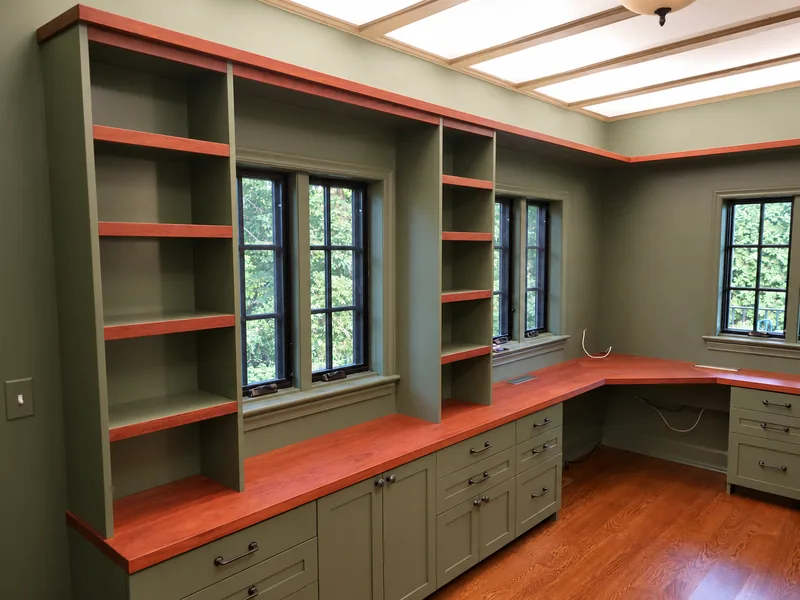 Olive green built-in home office with reddish wood countertops, shelving around windows and paneled drawer storage